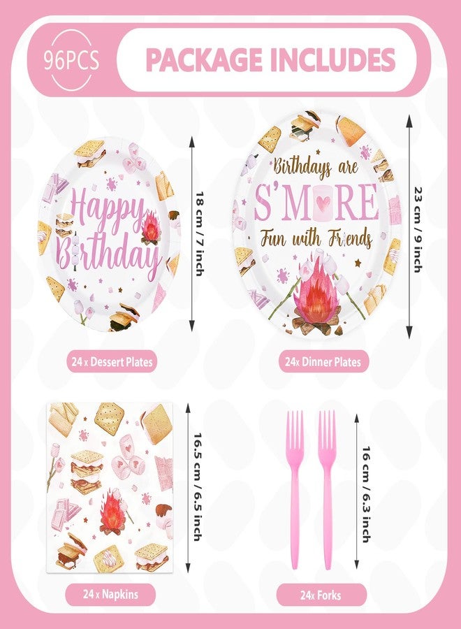 Greencian 96Pcs S'mores Camping Birthday Decorations Birthdays Are S’more Fun with Friends Plates and Napkins Pink Camping Theme Tableware Set for Girls Camper Campfire Bonfire Birthday Party Supplies Serves 24 - Image 2